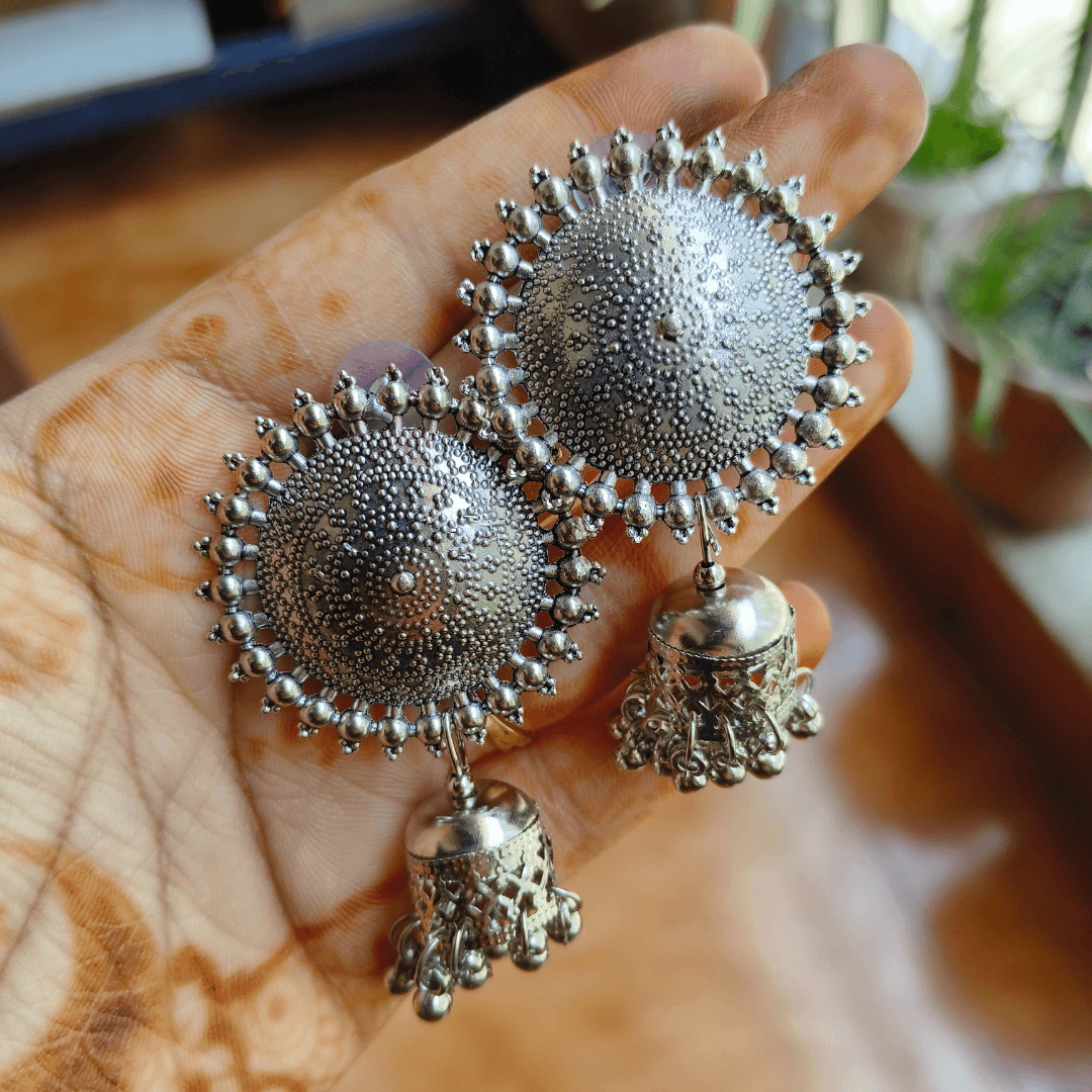 Chakra Fusion: Silver Jhumka Earrings with Beads - Bilzz.in