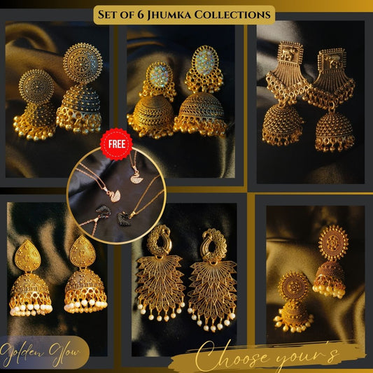 Set of 6 Golden Glow Jhumka Earrings with Free Black or Rose Gold stainless steel duck pendant