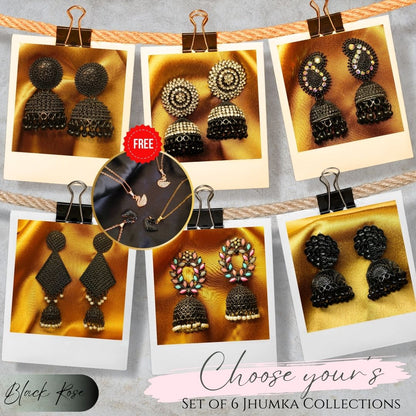 Set of 6 Black Rose Jhumka Earrings with Free Black or Rose Gold stainless steel duck pendant