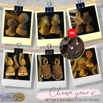 Set of 6 Golden Glow Jhumka Earrings with Free Black or Rose Gold stainless steel duck pendant