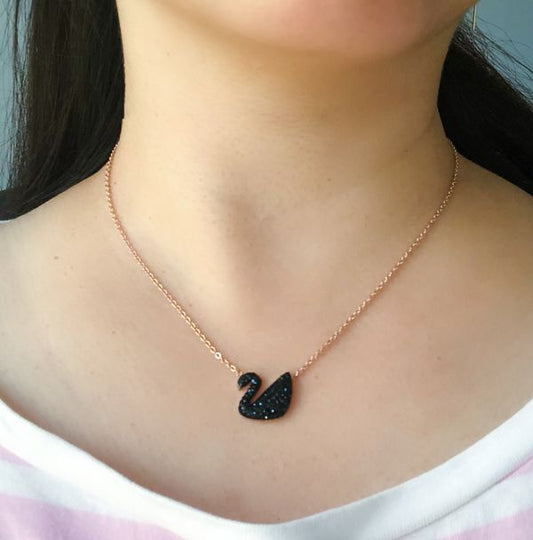 Set of 2 Rose Gold Plated and Black Swan Pendant Necklace for Women